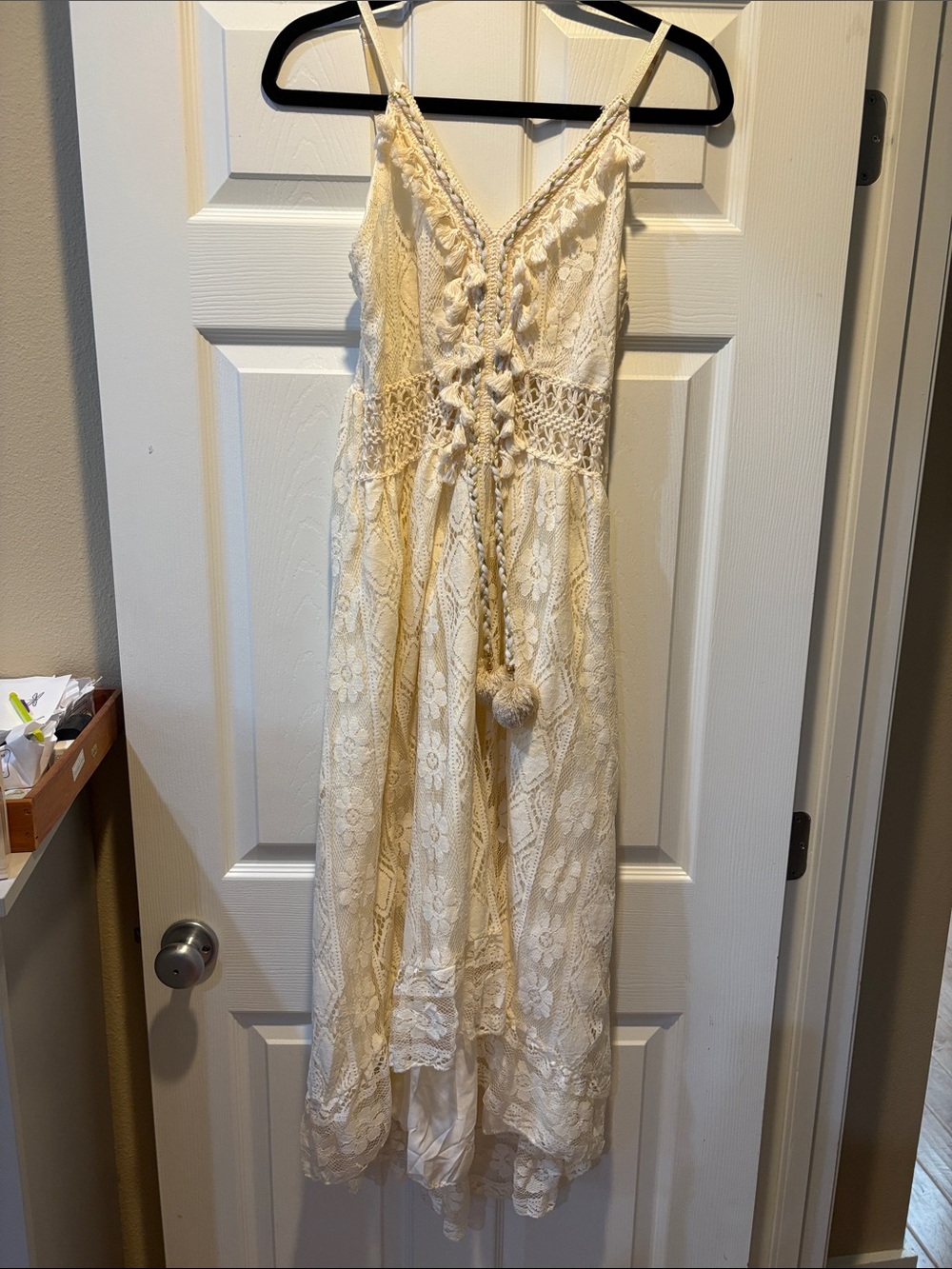Women’s Cream Lace Spaghetti-Strap Dress with Pom-Tie Waist